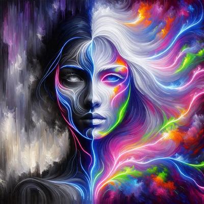 The primary subject of the image is a woman with a colorful, abstract design. The setting is a colorful background, which adds to the vibrant atmosphere of the scene. The visual style is a combination of digital art and illustration, creating a unique and eye-catching piece. The dominant colors in the image are bright and bold, with a focus on the woman's face and the surrounding background. The overall mood of the image is energetic and lively, with the woman's expression and the colorful